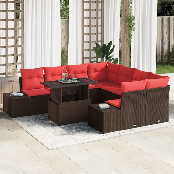 Ensemble de canapé de jardin 9 pcs Marron et rouge polyrotin