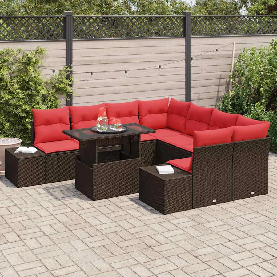 Ensemble de canapé de jardin 9 pcs Marron et rouge polyrotin - 3