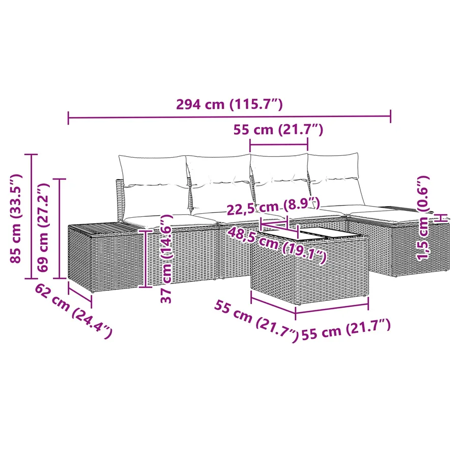 Ensemble de canapé de jardin 6 pcs Marron polyrotin - 9