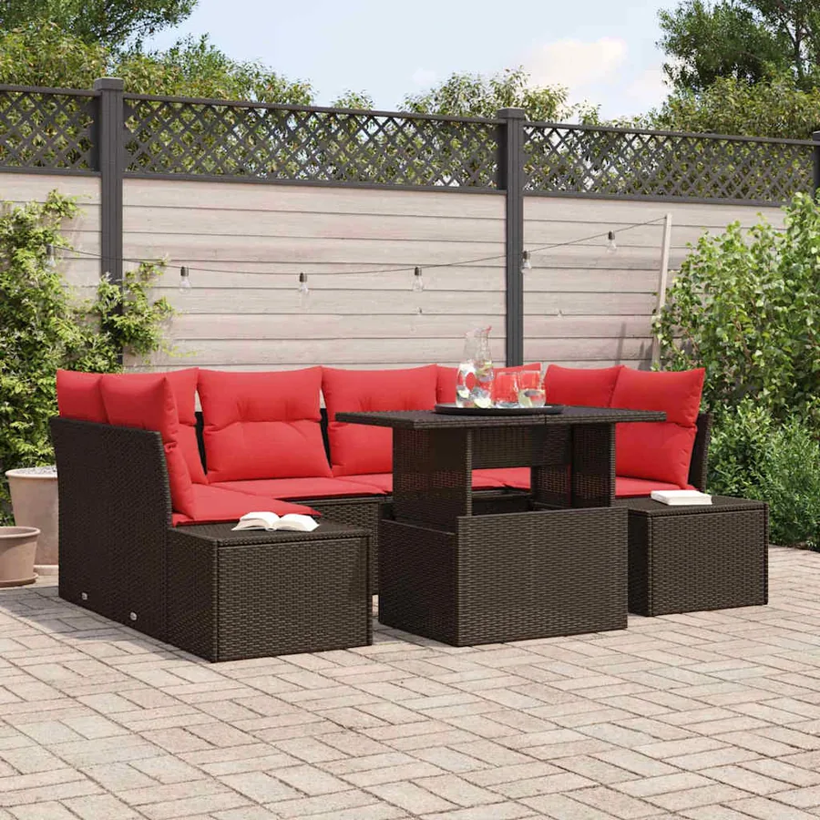 Ensemble de Canapés 7 pcs Marron et rouge polyrotin