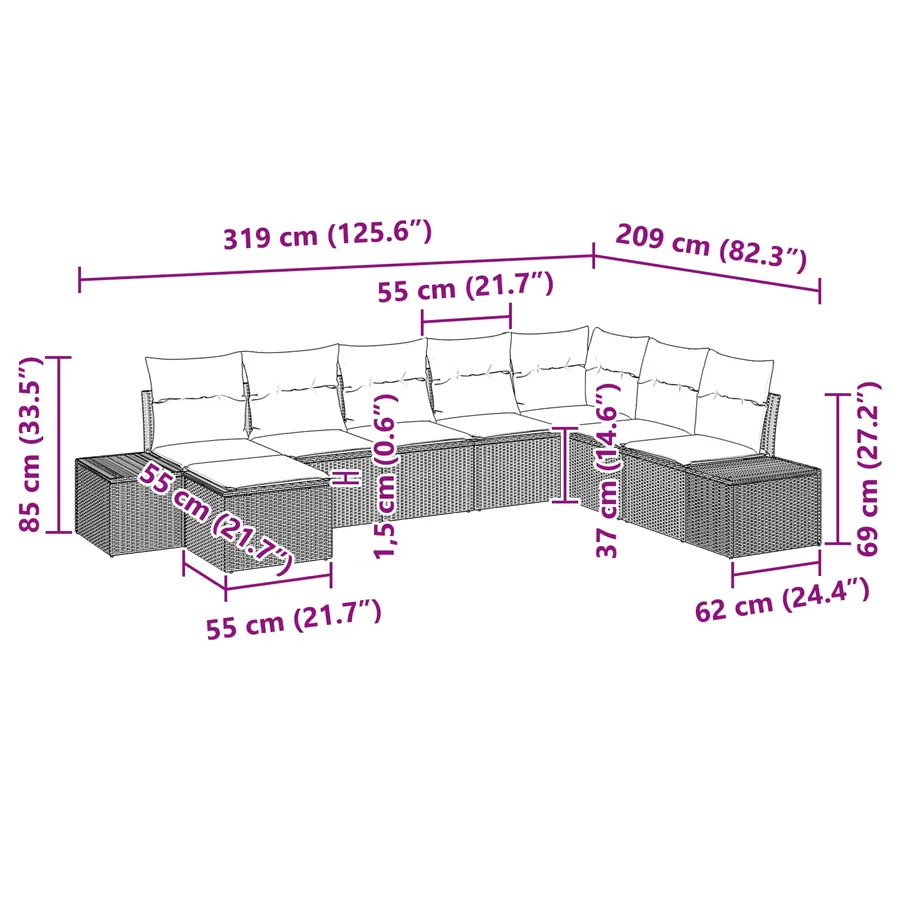 Ensemble de canapé de jardin 8 pcs Marron polyrotin - 9