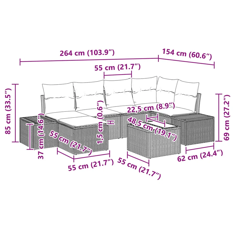 Ensemble de canapé de jardin 7 pcs Marron polyrotin - 10