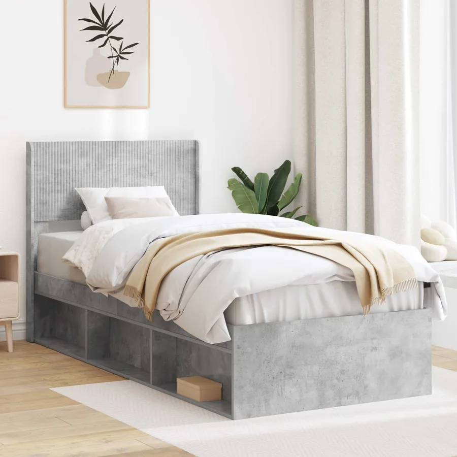 Cadre de lit avec rangement et tête de lit Gris béton