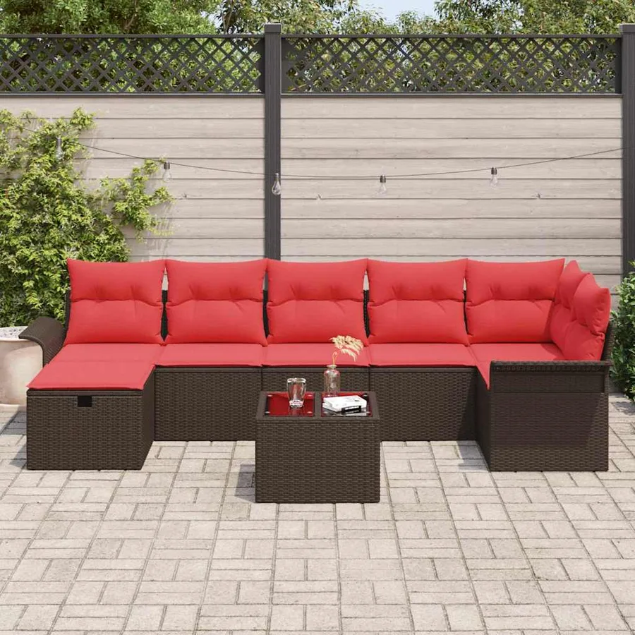 Ensemble de canapé de jardin 8 pcs Marron et rouge polyrotin - 3