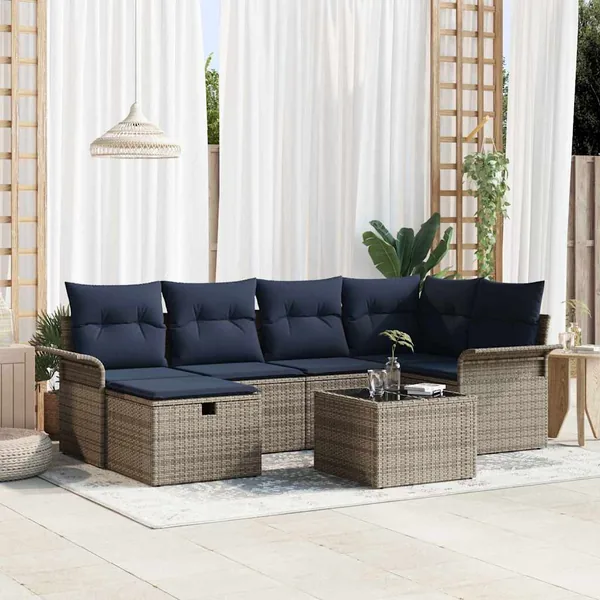Ensemble de canapé de jardin 7 pcs Gris et marine polyrotin