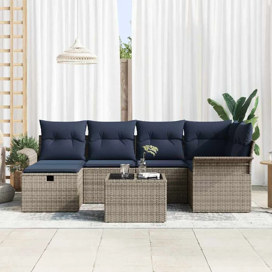 Ensemble de canapé de jardin 7 pcs Gris et marine polyrotin - 3