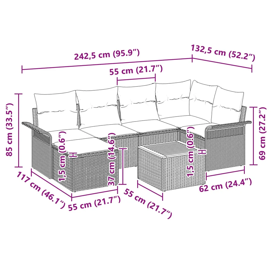 Ensemble de canapé de jardin avec coussin 7 pcs Gris polyrotin - 11