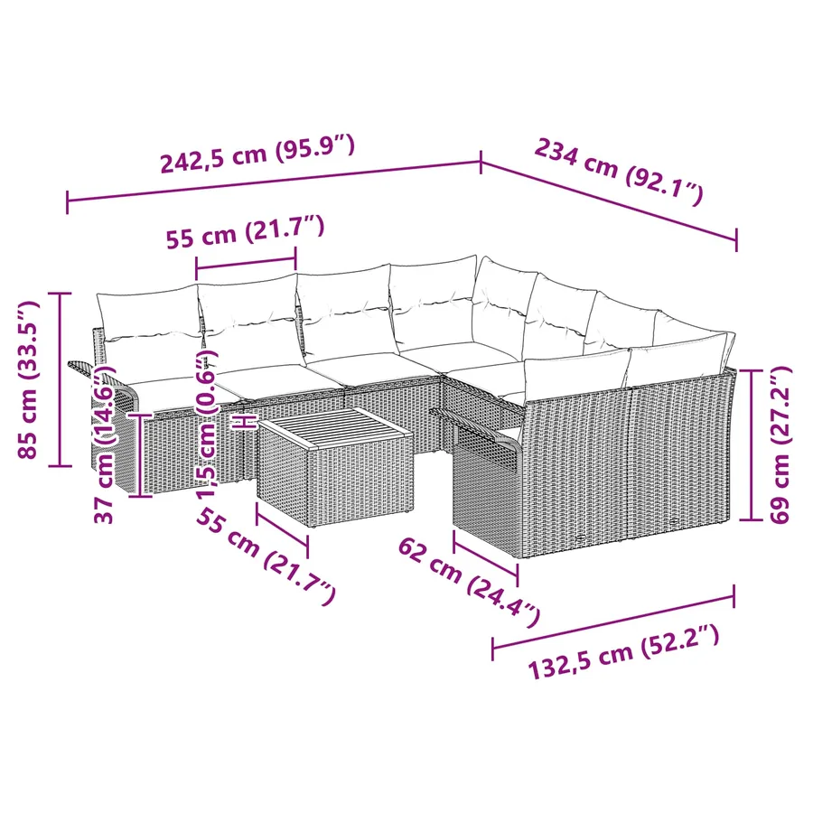 Ensemble de canapé de jardin avec coussin 9 pcs Gris polyrotin - 9
