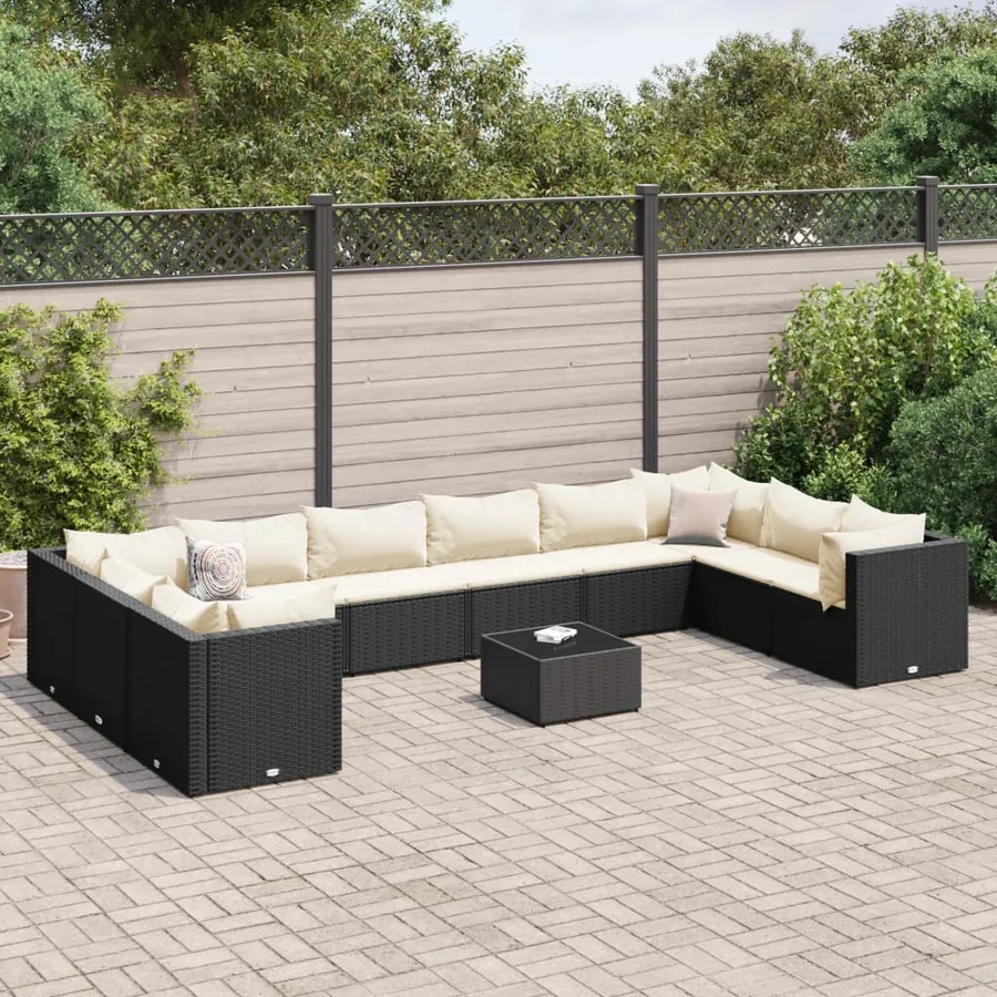 Salon de jardin 11 pcs avec coussins noir résine tressée