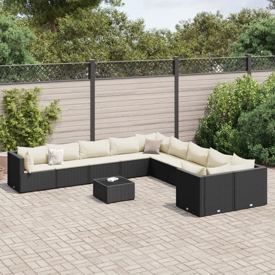 Salon de jardin 11 pcs avec coussins noir résine tressée