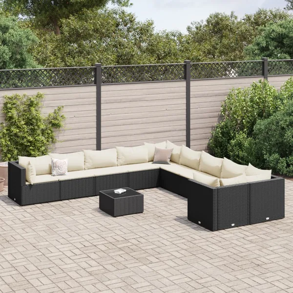 Salon de jardin 11 pcs avec coussins noir résine tressée