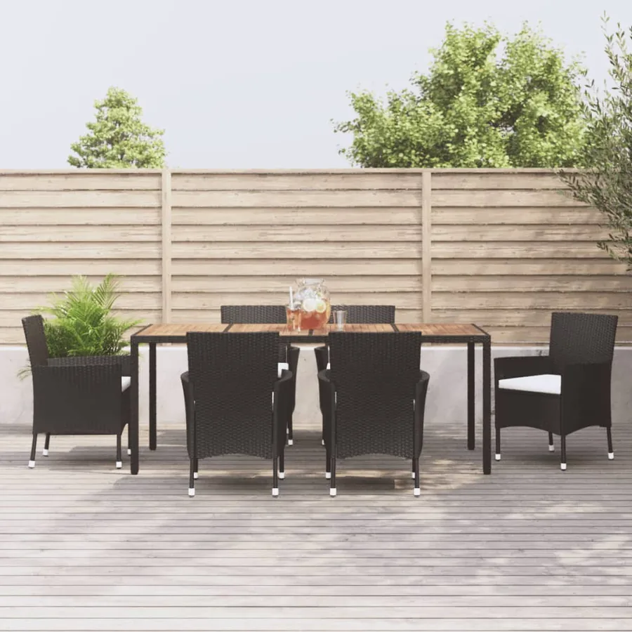 Ensemble à manger de jardin coussins 7pcs Noir Résine tressée