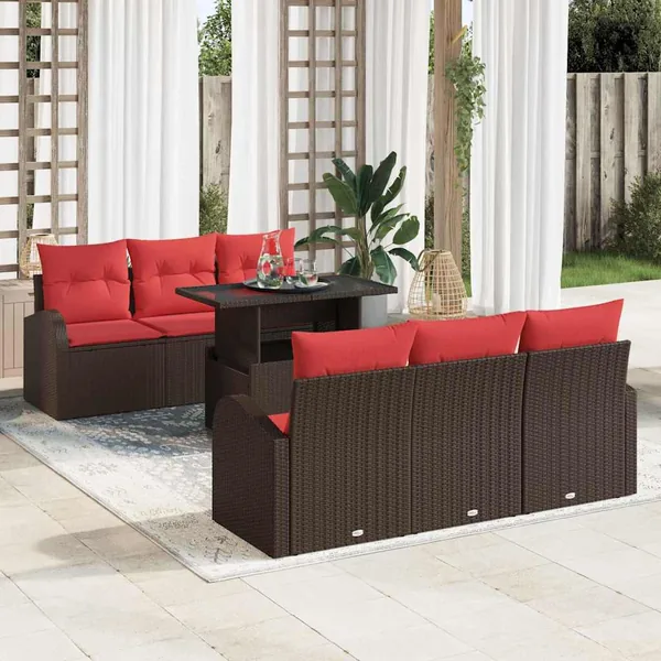 Ensemble de canapé de jardin 7 pcs Marron Poly Rattan