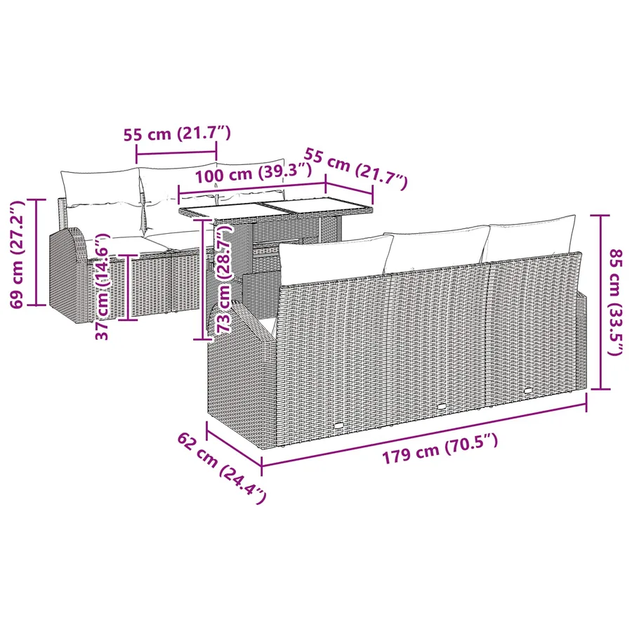 Ensemble de canapé de jardin 7 pcs Marron Poly Rattan - 13
