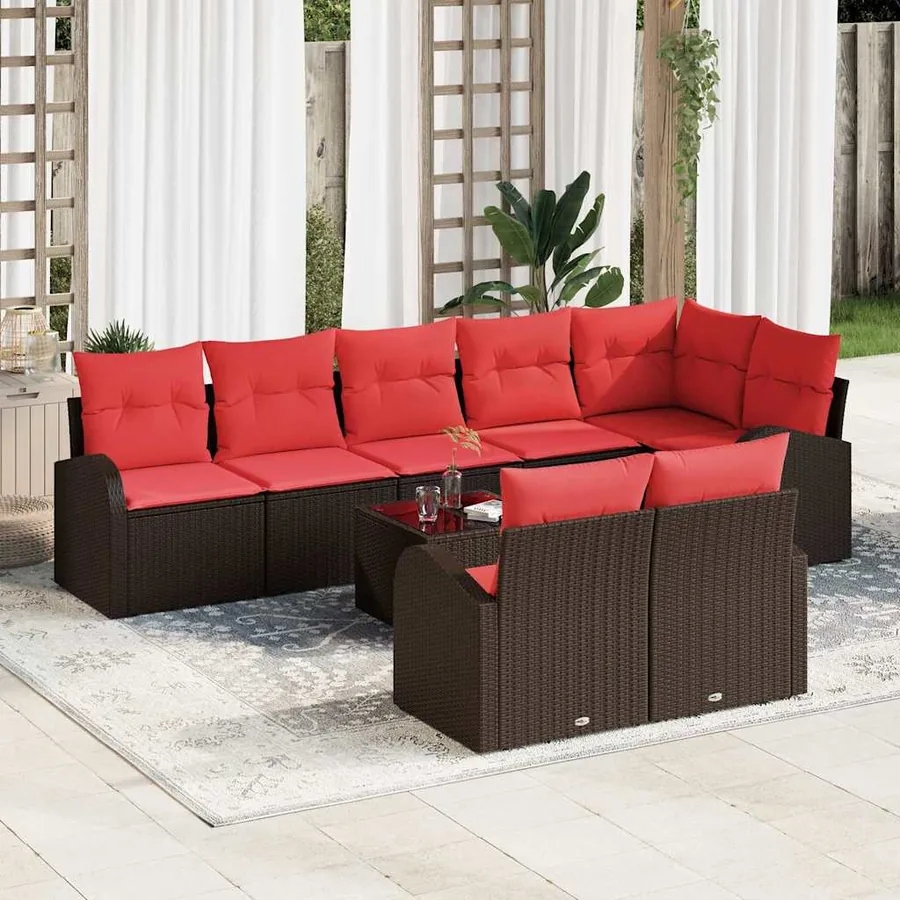 Ensemble de canapé de jardin 9 pcs Marron et rouge polyrotin