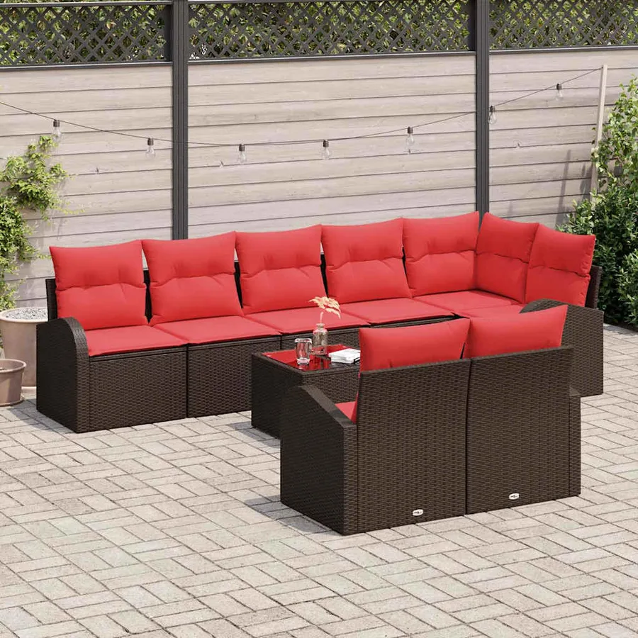 Ensemble de canapé de jardin 9 pcs Marron et rouge polyrotin - 3