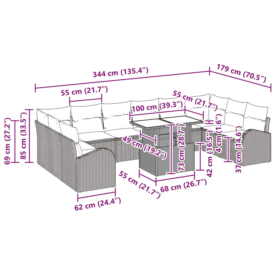 Ensemble de canapé de jardin 11 pcs Marron Poly rotin - 15