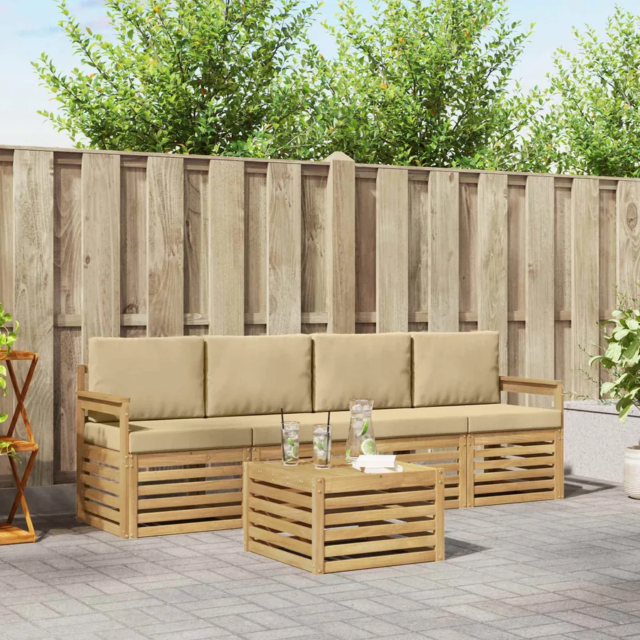Ensemble de canapés d'extérieur 5 pcs Blanc et Beige Polyester