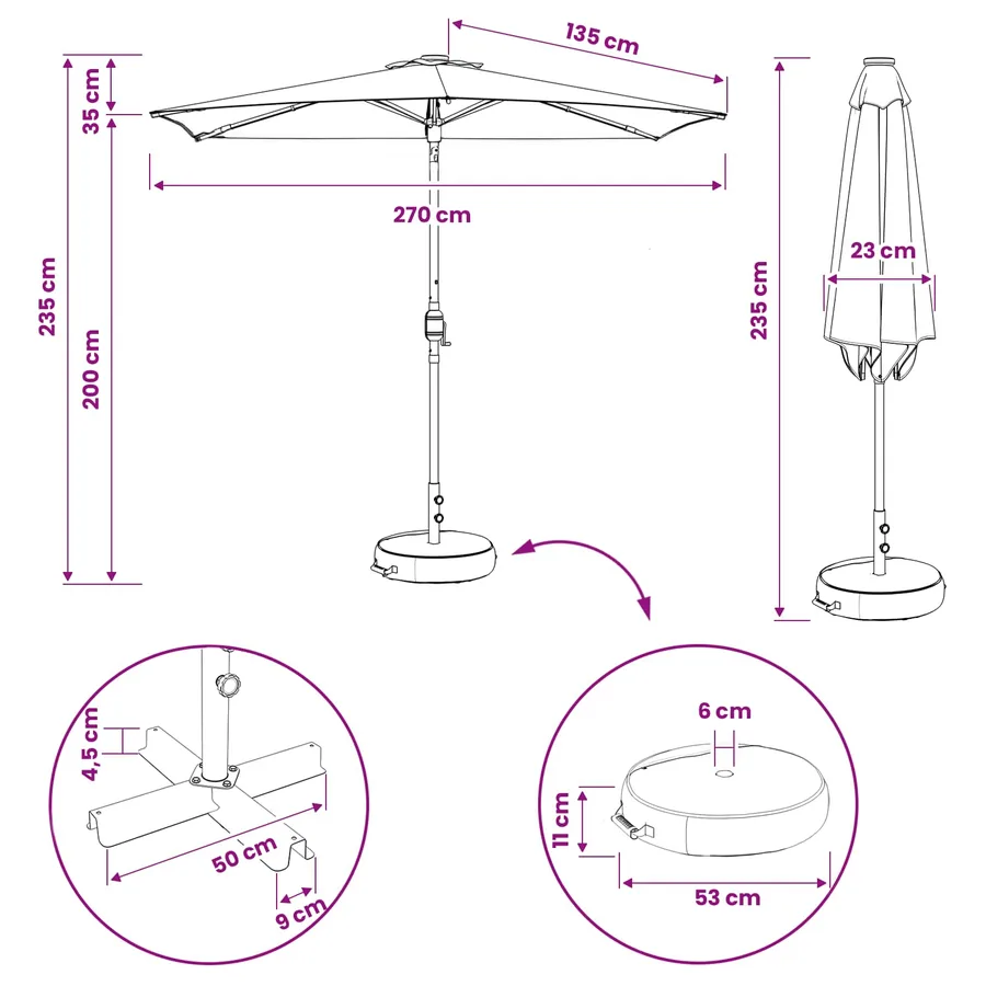 Parasol de jardin avec lumières LED et base 270 x 270 cm - 11