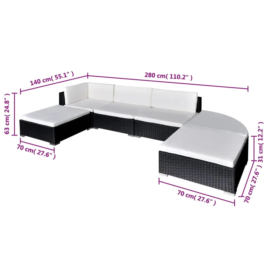 Salon de jardin 6 pcs avec coussins résine tressée noir - 5