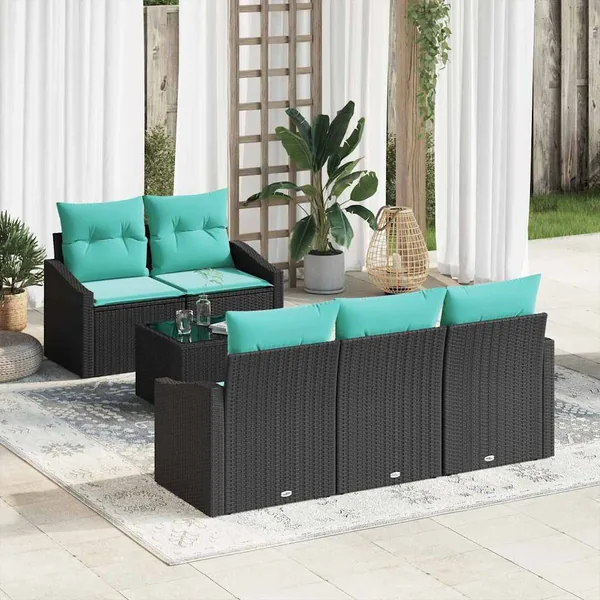 Ensemble de Canapés 6 pcs Noir et turquoise polyrotin