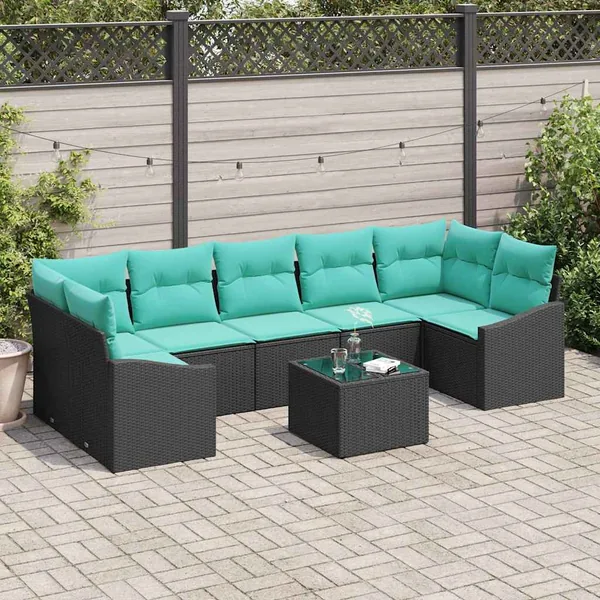 Ensemble de Canapés 8 pcs Noir et turquoise polyrotin