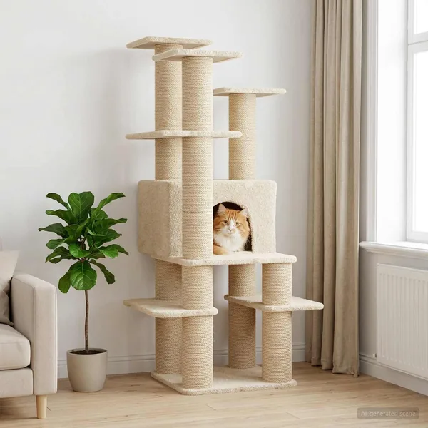 Arbre à chat avec poteaux à griffer en sisal Crème 161 cm