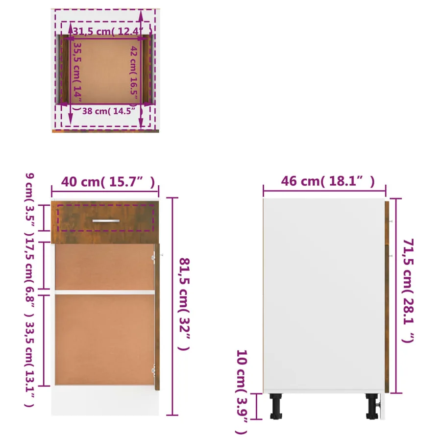 Armoire à tiroirs "Lyon" Chêne fumé 40 x 46 x 81,5 cm Bois d'ingénierie - 12