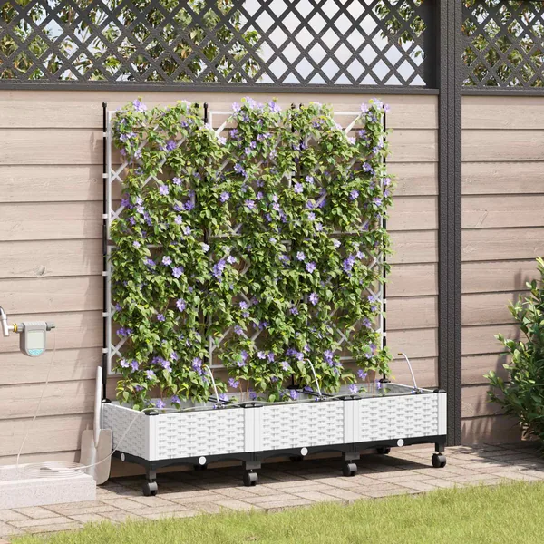 Porte-plante de jardin avec irrigation et roues 3 pc Blanc PP