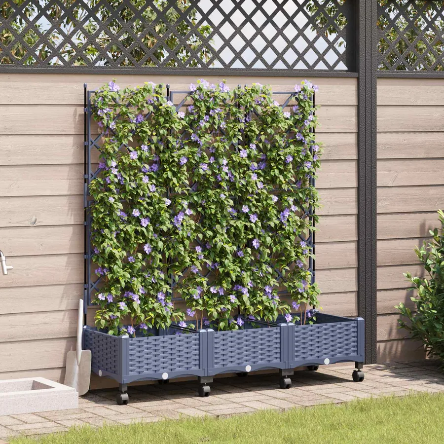 Bac de jardin avec treillis et roues 3 pc Gris PP