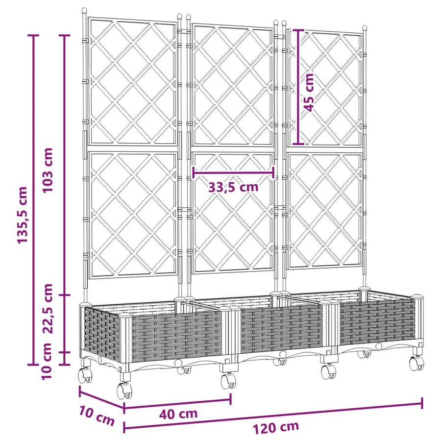 Bac de jardin avec treillis et roues 3 pc Gris PP - 8
