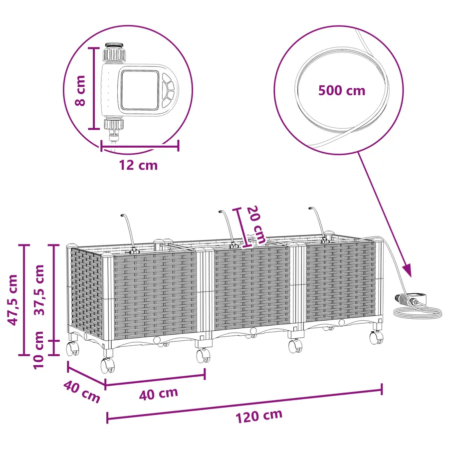 Porte-plante de jardin avec irrigation et roues 3 pc Gris clair - 8