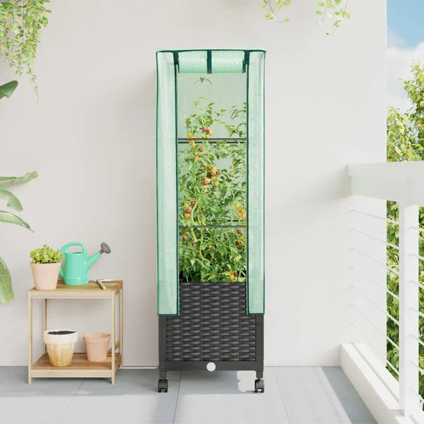 Jardinière de jardin avec couverture de serre et roues Noir PP