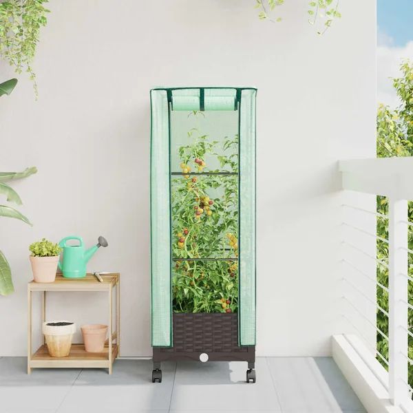 Jardinière de jardin avec couverture de serre et roues Marron