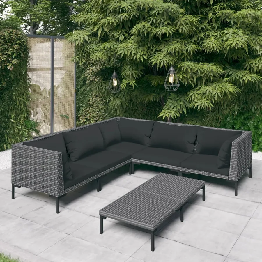 Salon de jardin 6 pcs avec coussins Résine tressée Gris foncé