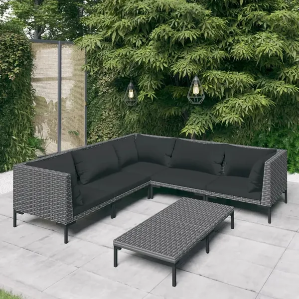 Salon de jardin 6 pcs avec coussins Résine tressée Gris foncé