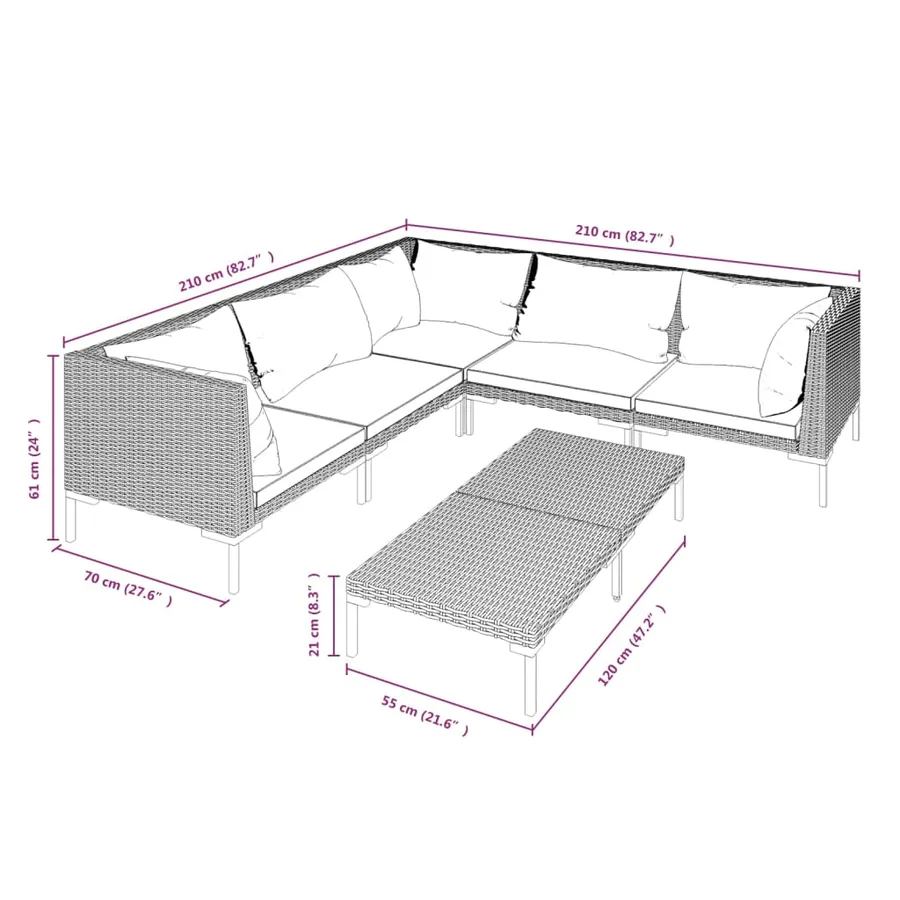 Salon de jardin 6 pcs avec coussins Résine tressée Gris foncé - 9