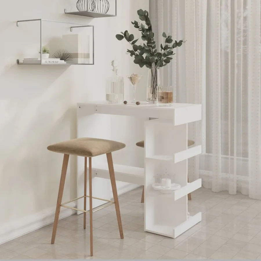 Table de bar avec étagère de rangement Blanc Bois d'ingénierie - 3