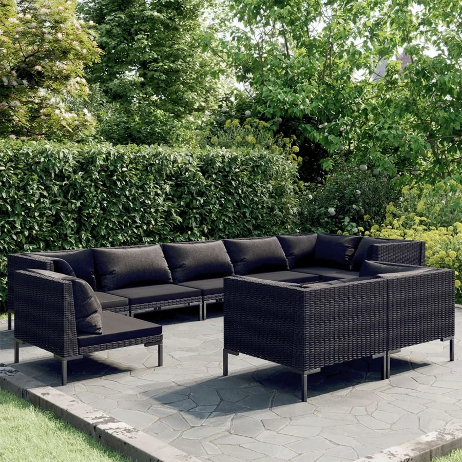 Salon de jardin 9 pcs avec coussins Résine tressée Gris foncé