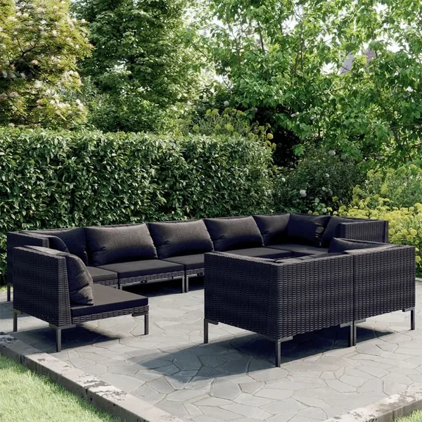 Salon de jardin 9 pcs avec coussins Résine tressée Gris foncé