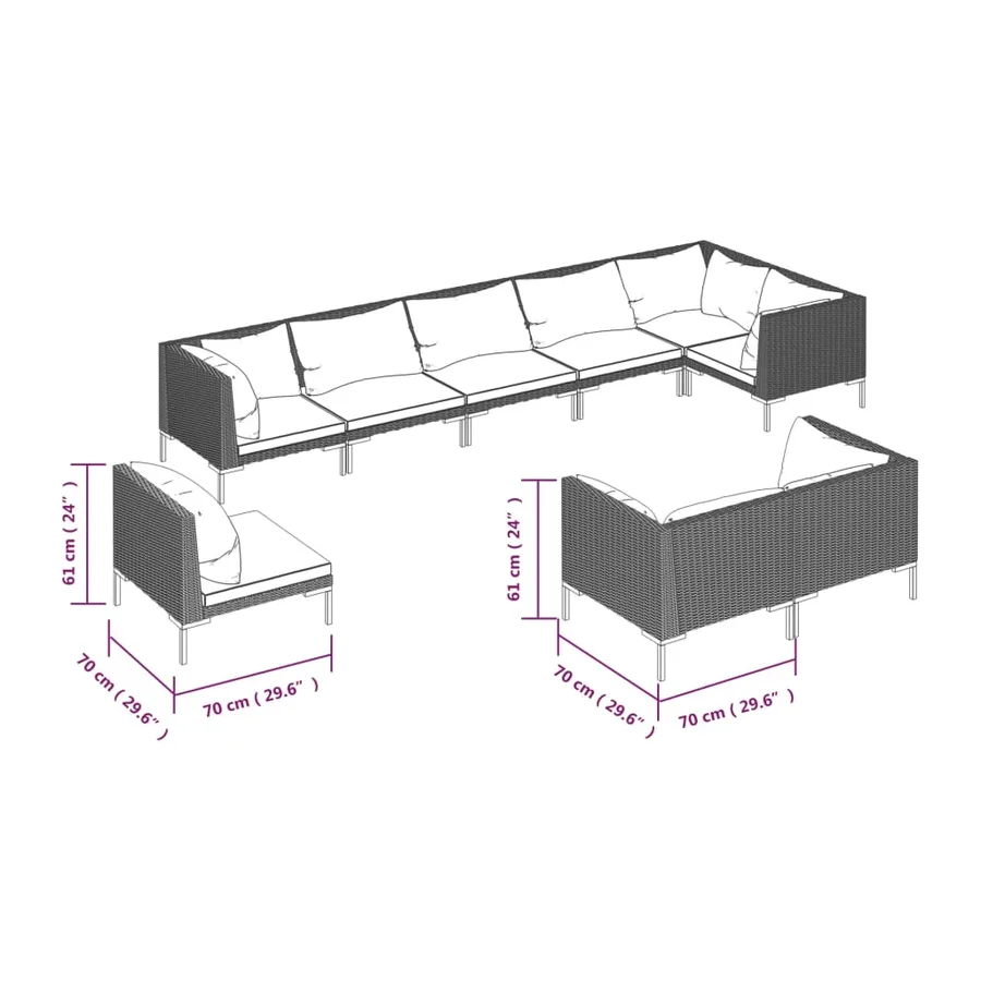 Salon de jardin 9 pcs avec coussins Résine tressée Gris foncé - 7