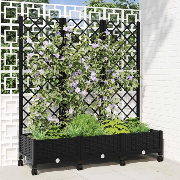 Bac de jardin avec treillis et roues Noir 120 x 40 x 131,5 cm