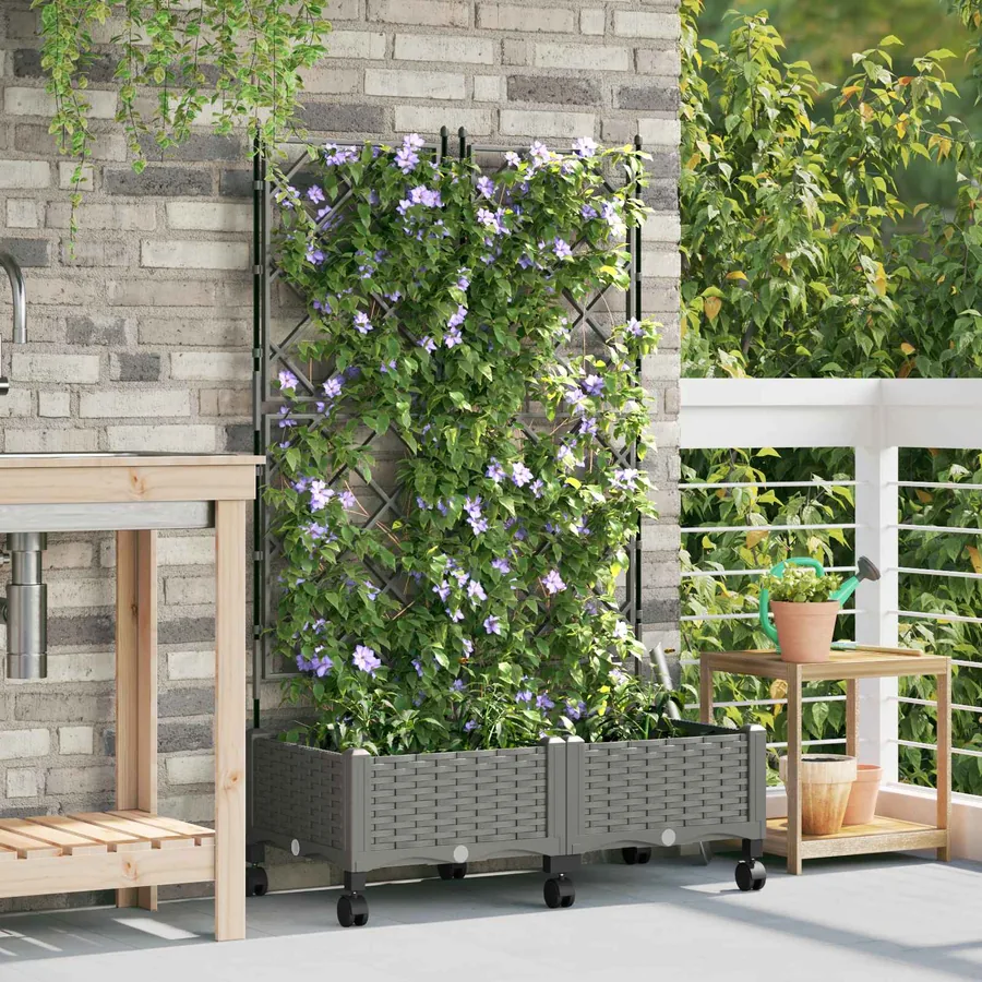Bac de jardin avec treillis et roues 2 pc Gris clair PP