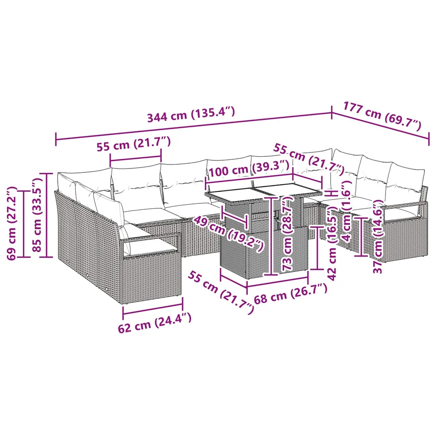 Ensemble de canapé de jardin 11 pcs Marron polyrotin - 15