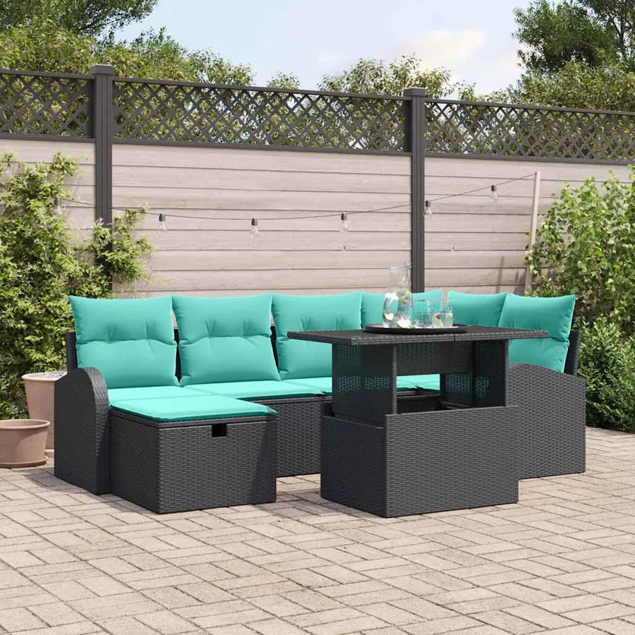 Ensemble de canapé de jardin avec coussin 7 pcs Noir Poly rotin