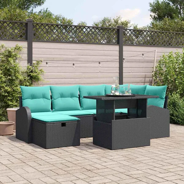 Ensemble de canapé de jardin avec coussin 7 pcs Noir Poly rotin