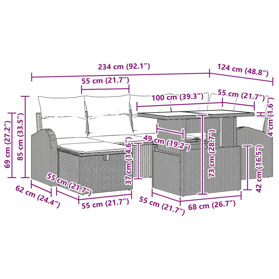 Ensemble de canapé de jardin avec coussin 7 pcs Noir Poly rotin - 17