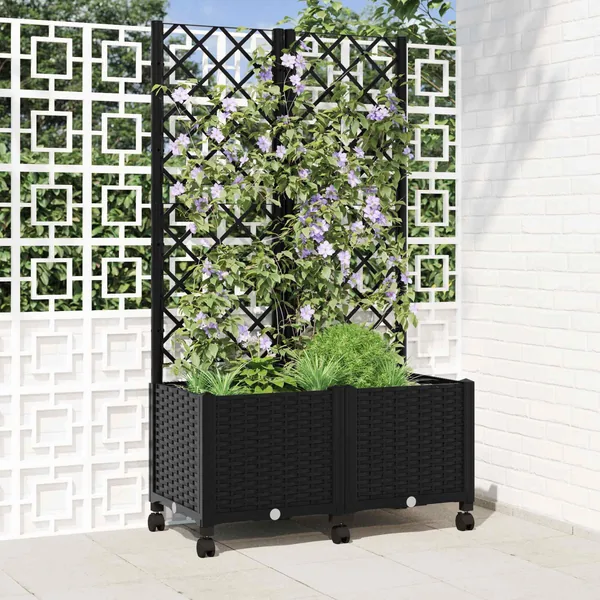 Bac de jardin avec treillis et roues Noir 80 x 40 x 146 cm PP