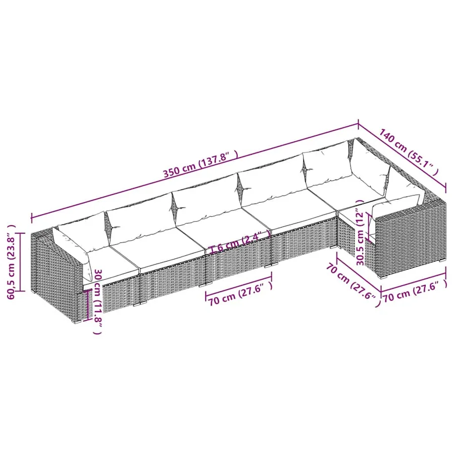 Salon de jardin 6 pcs avec coussins Résine tressée Gris - 5