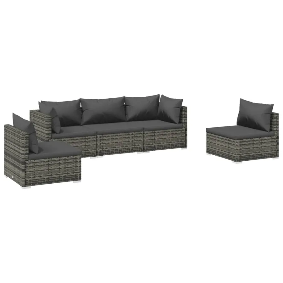 Salon de jardin 5 pcs avec coussins Résine tressée Gris - 2